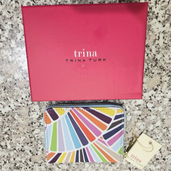 Trina Turk Zip Around Wallet Faux Leather Multi Color Abstract NWT 8" x 4" - Picture 3 of 6